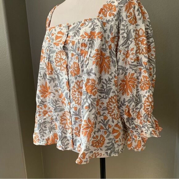 Rachel Zoe Button Down Linen Blend Blouse orange Rust Grey White - Picture 3 of 11